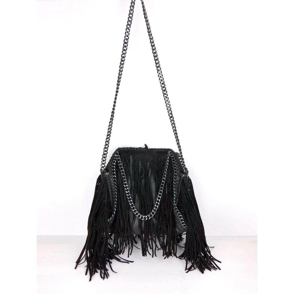 Steve Madden Fringe Chain Satchel Shoulder Bag Black Boho Festival Purse Rock - Picture 3 of 12